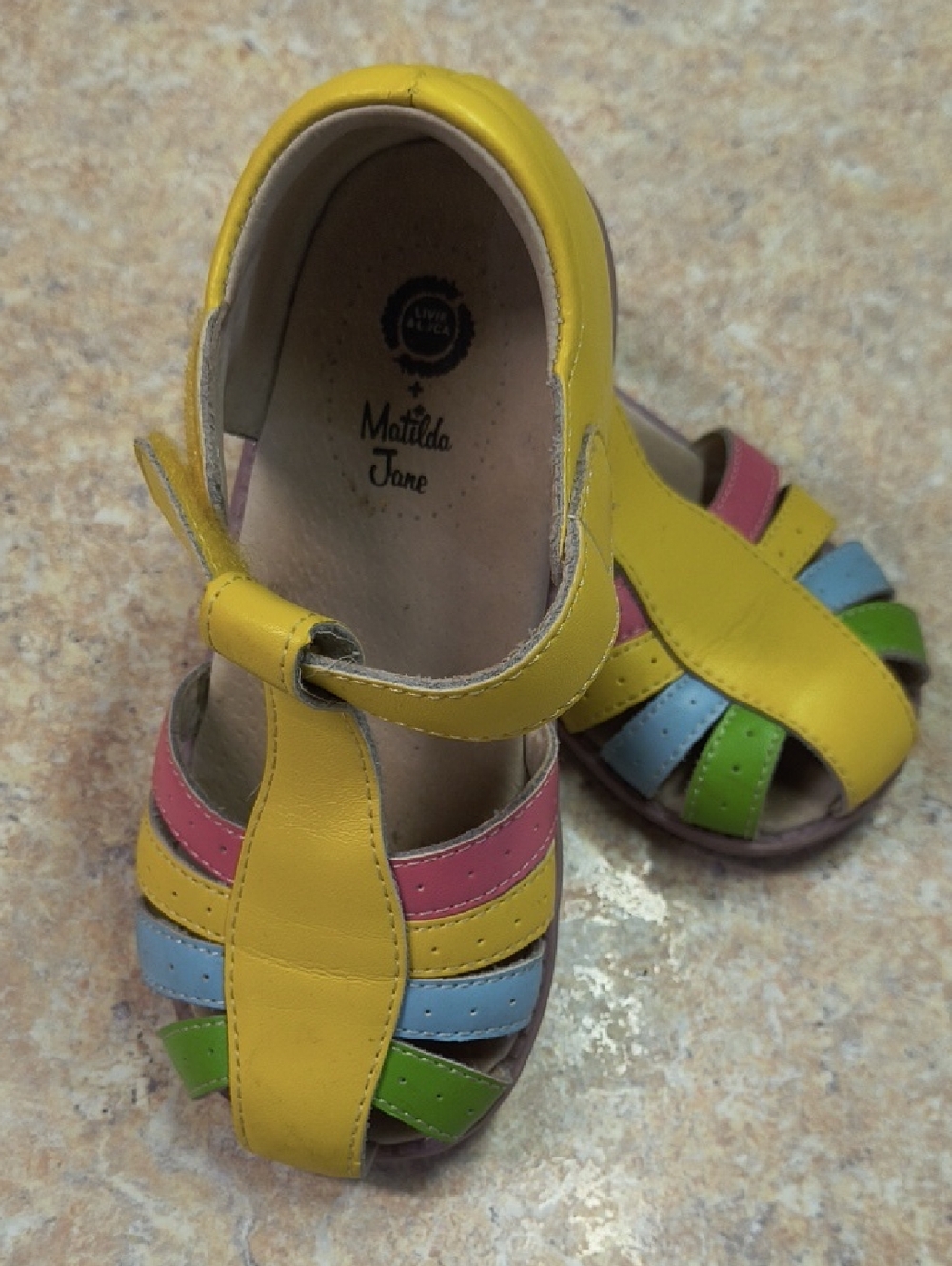 Livie & Luca + Matilda Jane Yellow Sandals with Pink, Blue, and Green Straps EUC
